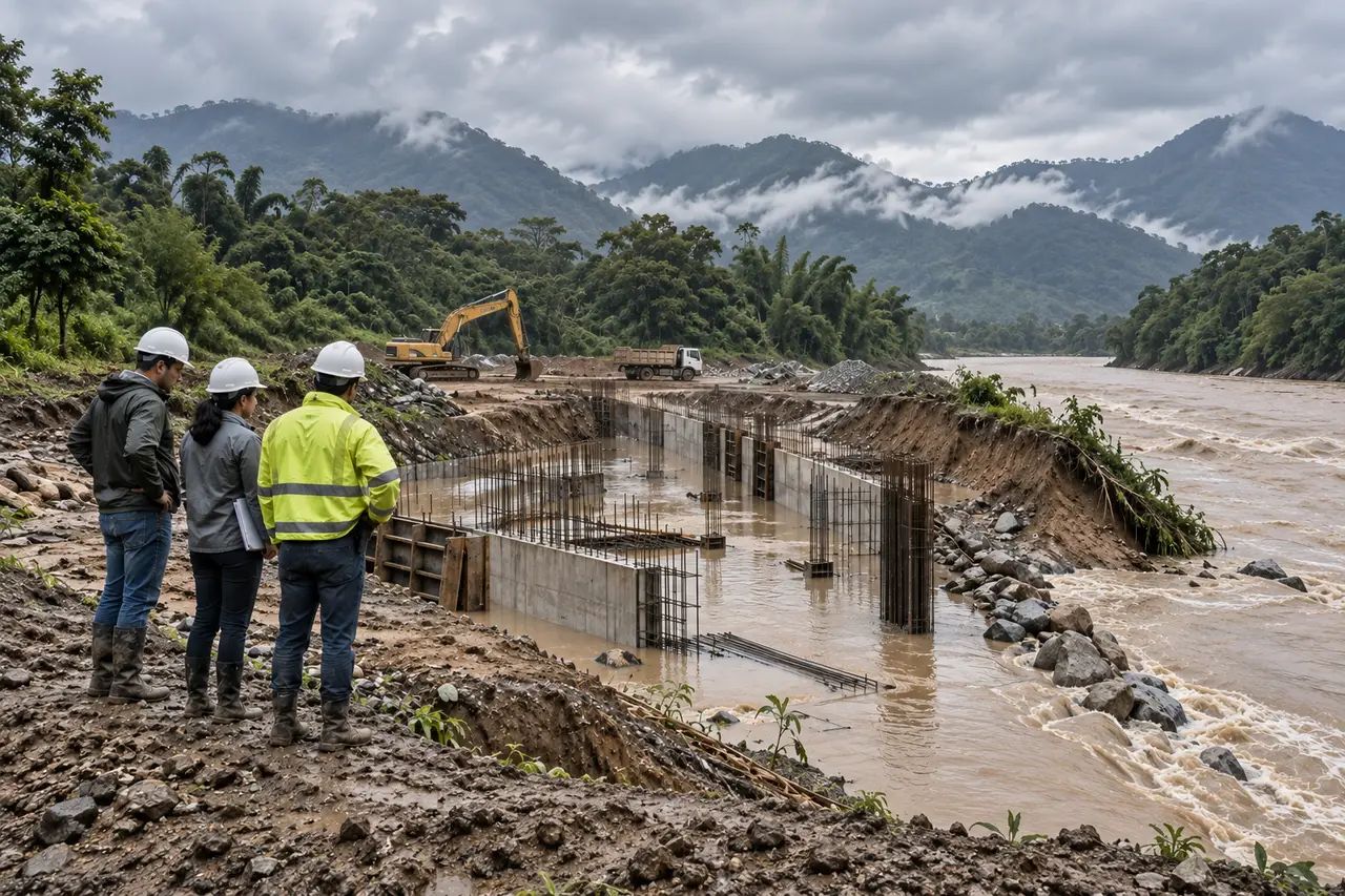 Obra de infraestructura afectada por una inundación
