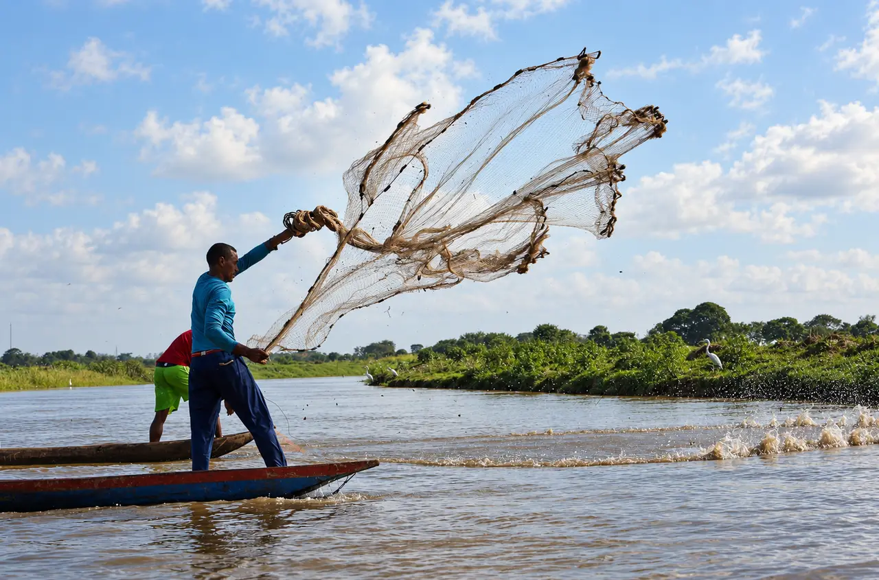 Pescador lanzando una atarraya sobre un río